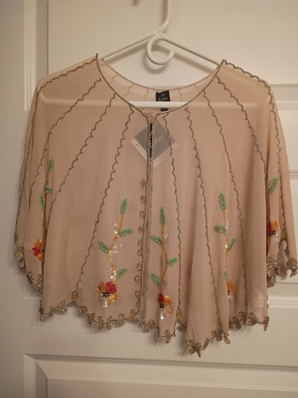 Echo Floral Beaded Wedding Shaw Scarf Cape Beige Sheer Formal NWT